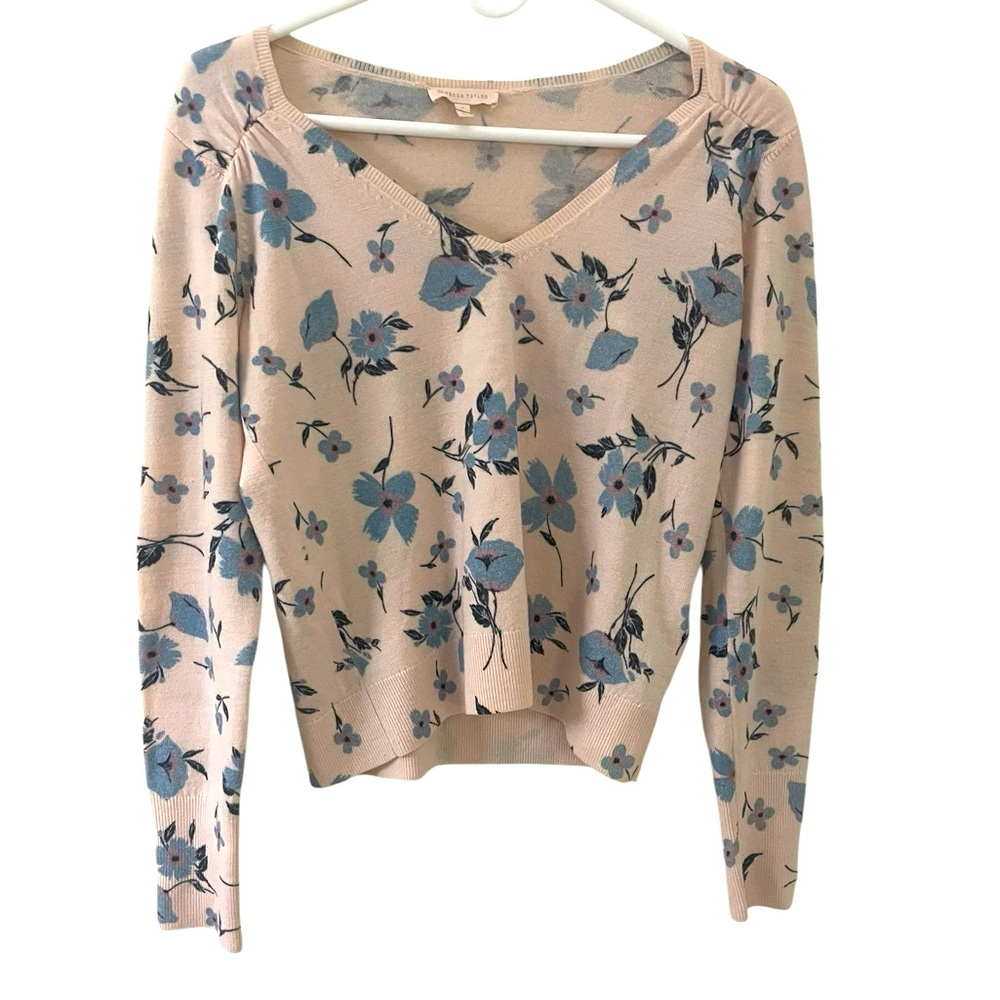 Rebecca Taylor Pink Daniella Floral V Neck Feminine Sweater Small Wool Cashmere